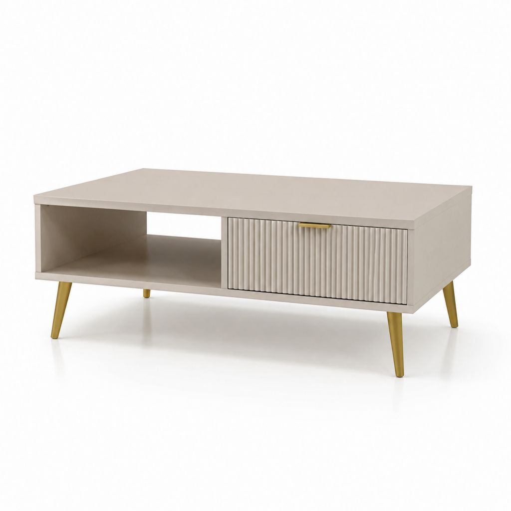 Tavolino da caffè rettangolare beige in MDF con vano aperto e anta scorrevole 100 x 50 x 45 cm