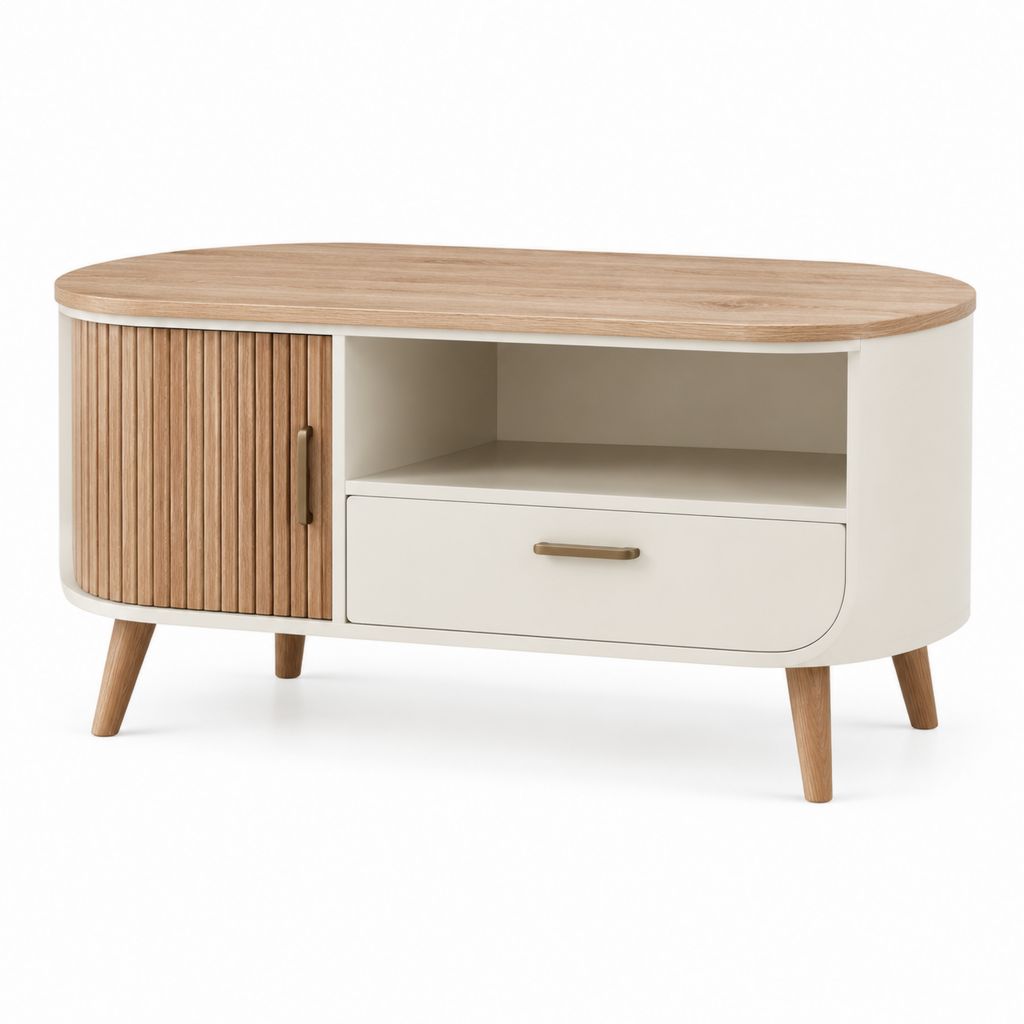 Tavolino da caffè contenitore ovale beige e rovere in MDF 110 x 55 x 50 cm