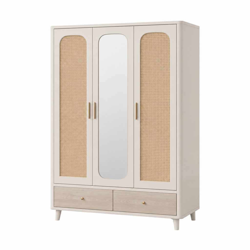 Armadio guardaroba 3 ante con specchio e cassetti beige in MDF e rattan 120 x 50 x 190 cm