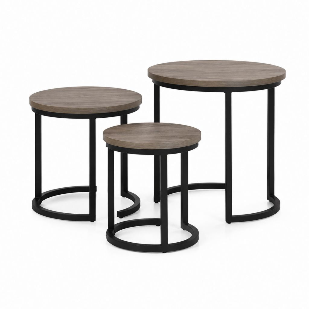 Set 3 tavolini da caffè rotondi grigio effetto rovere in MDF e acciaio nero Ø 80 60 40 cm
