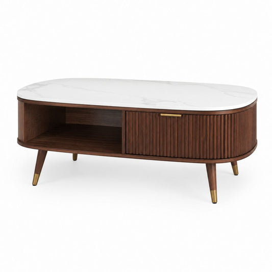 Tavolino da caffè ovale con vano contenitore noce e piano effetto marmo 120 x 60 x 45 cm