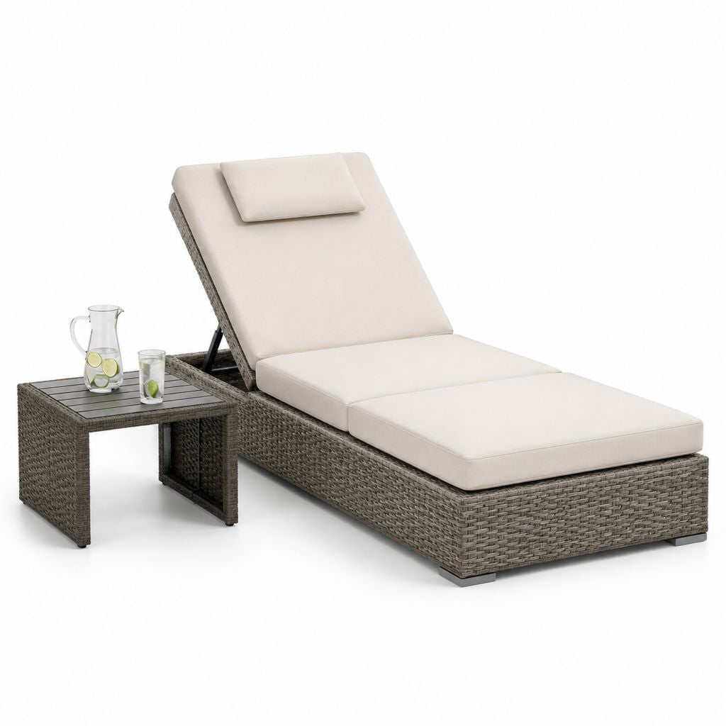 Set lettino prendisole da giardino con tavolino grigio in rattan PE e acciaio 198 x 66 x 83 cm