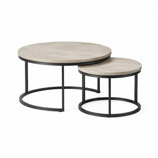 Set 2 Tavolini da Caffè Rotondi Grigio Effetto Pietra in MDF e Acciaio Ø80 x 45 cm Ø60 x 35 cm