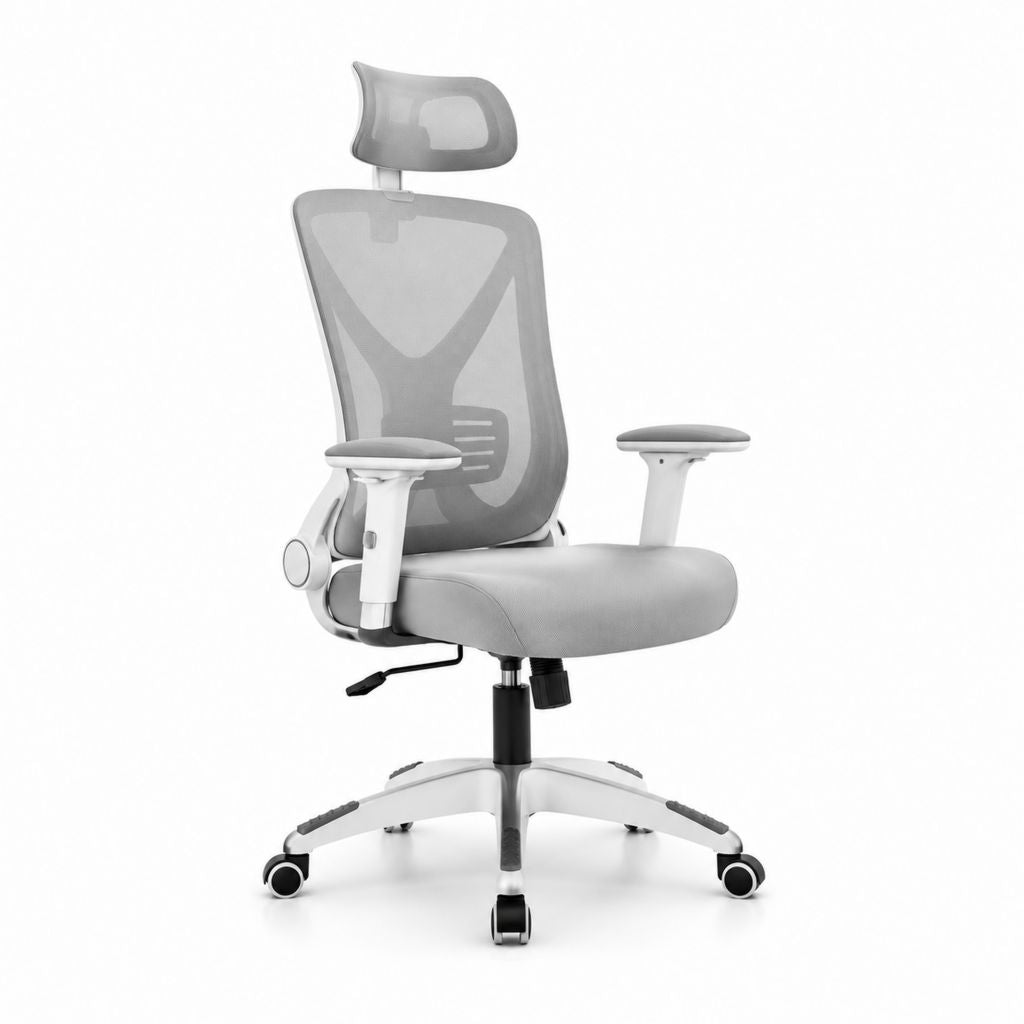 Sedia da ufficio ergonomica grigia in rete di poliestere e PU con poggiatesta 65 x 65 x 116-126 cm