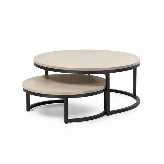 Set 2 Tavolini da Caffè Rotondi Beige in MDF e Acciaio Nero Ø80 x 45 cm e Ø60 x 35 cm