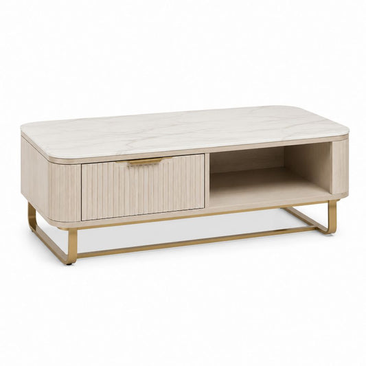 Tavolino da caffè con contenitore beige in MDF e pietra sinterizzata 120 x 60 x 45 cm