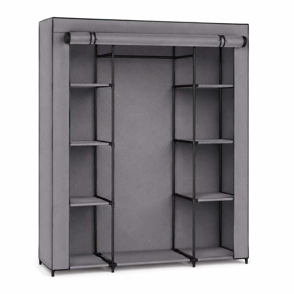 Armadio guardaroba in tessuto grigio con struttura in acciaio 130 x 45 x 175 cm