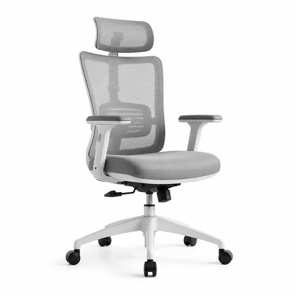 Sedia da ufficio ergonomica grigia in rete di nylon con poggiatesta e braccioli regolabili 64 x 64 x 118-128 cm