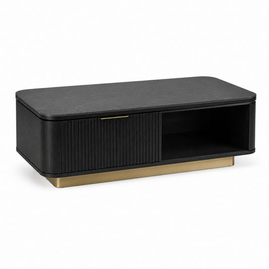 Tavolino da caffè rettangolare nero in MDF con anta scorrevole e base dorata 100 x 50 x 42 cm
