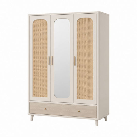 Armadio guardaroba 3 ante con specchio e cassetti beige in MDF e rattan 120 x 50 x 190 cm
