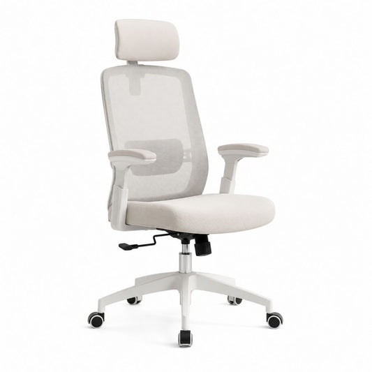 Sedia da ufficio ergonomica bianca in rete di poliestere con poggiatesta 66 x 66 x 118-128 cm