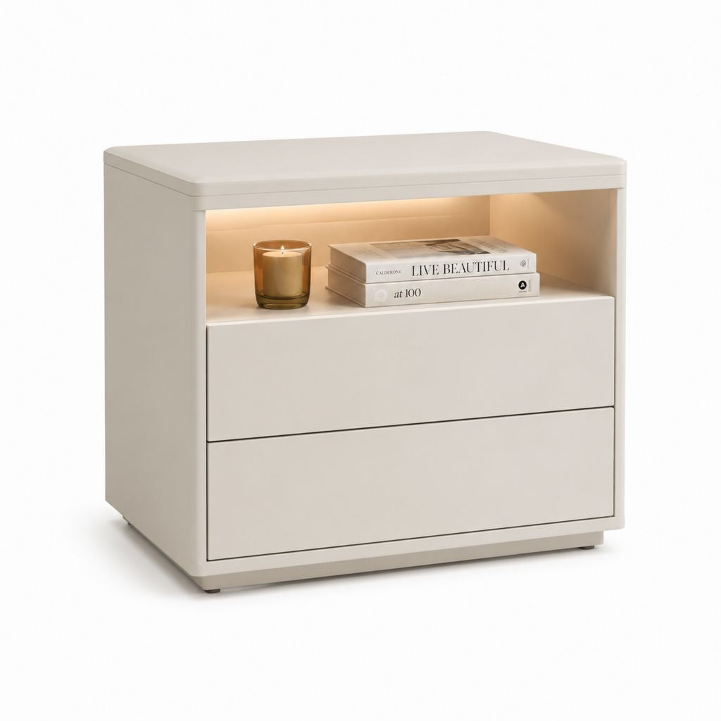 Comodino rettangolare bianco in MDF laccato con 2 cassetti e vano illuminato 50 x 40 x 55 cm