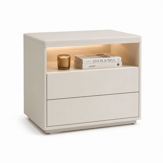 Comodino rettangolare bianco in MDF laccato con 2 cassetti e vano illuminato 50 x 40 x 55 cm
