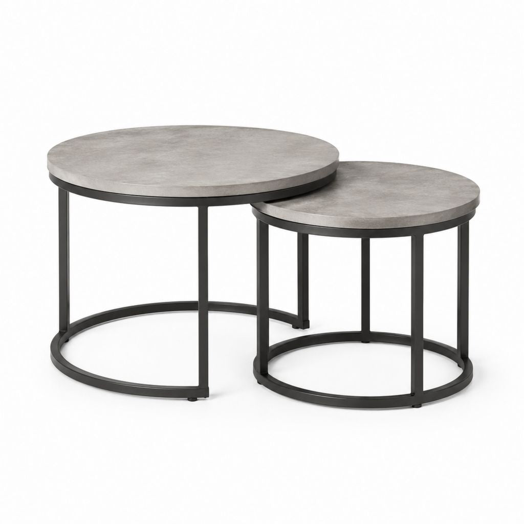 Set 2 tavolini da caffè rotondi grigio cemento e nero in MDF e acciaio Ø80 x 45 cm Ø60 x 40 cm